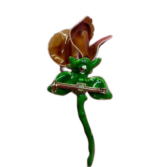 Rose Flower Brooch Pin Brown and Green Jewelry Accessory Boutonniere Ceramic - Picture 3 of 12
